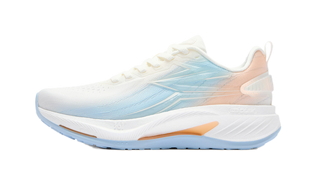 Women's low-top running shoes, white with blue gradient, lace-up, orange side accent