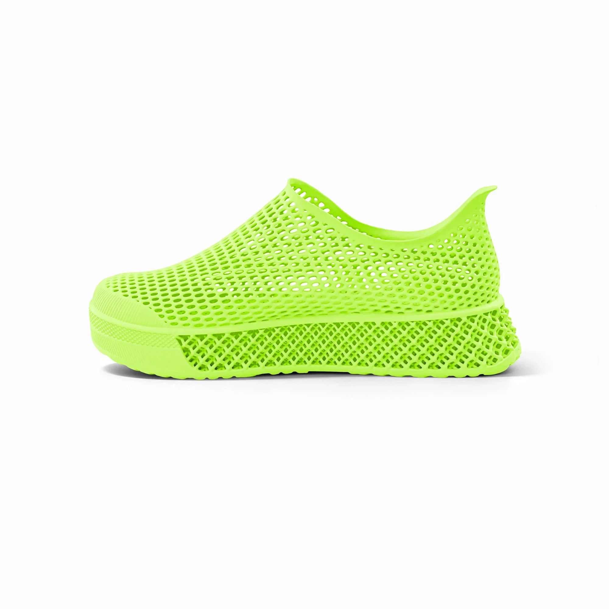 Lime green 3D-printed slip-on sneakers with perforated mesh upper and flat sole