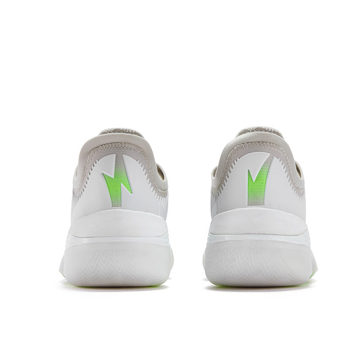 Basketball shoes, heel view: white back with green logo, padded collar, thick sole
