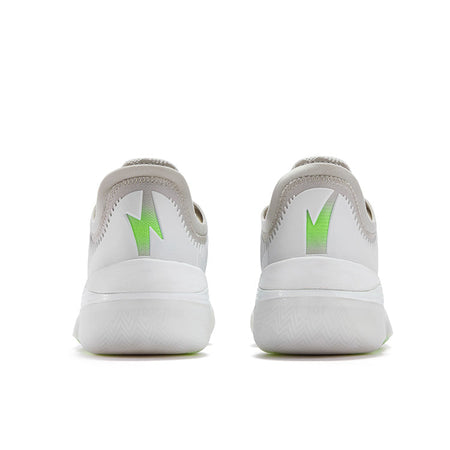 Basketball shoes, heel view: white back with green logo, padded collar, thick sole