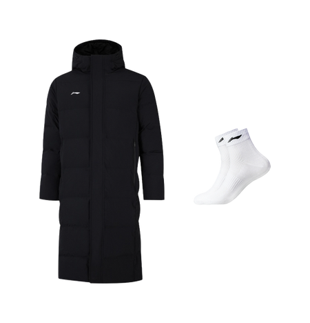 Black hooded puffer down jacket with zip front; includes a pair of white crew socks.