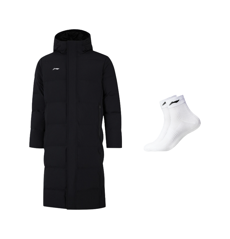 Black hooded puffer down jacket with zip front; includes a pair of white crew socks.