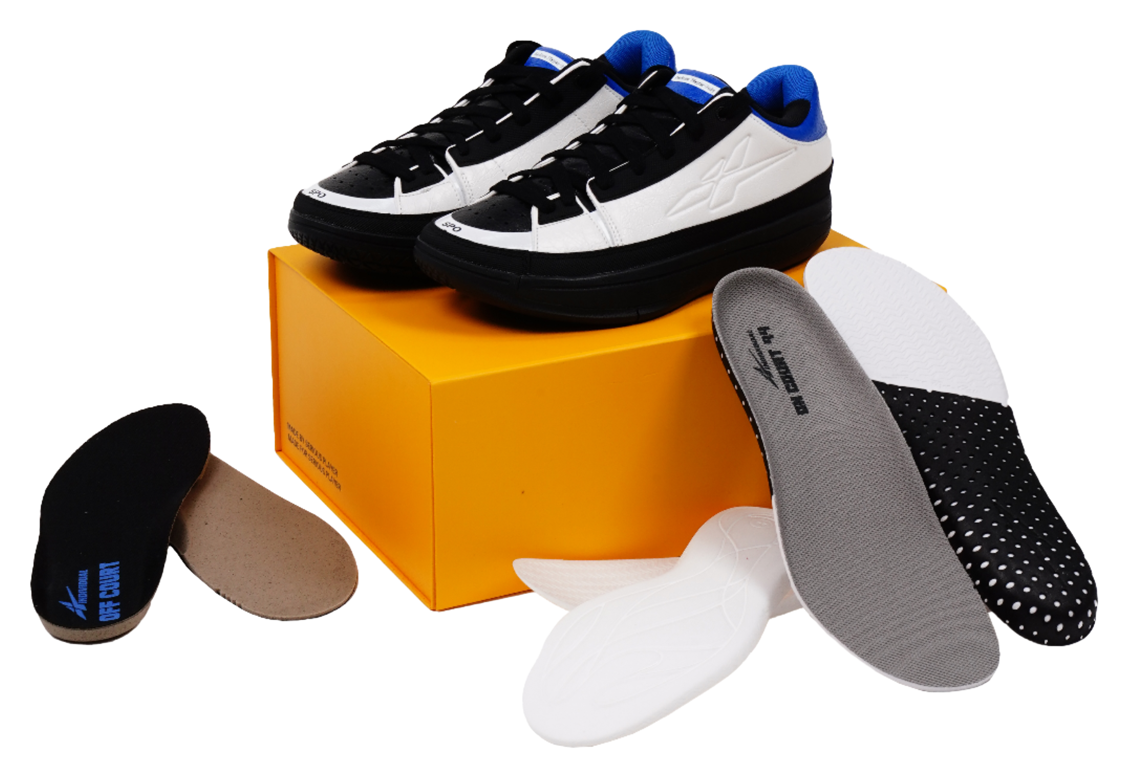 Unisex basketball shoes with included gray-and-black insoles/liners shown beside them.