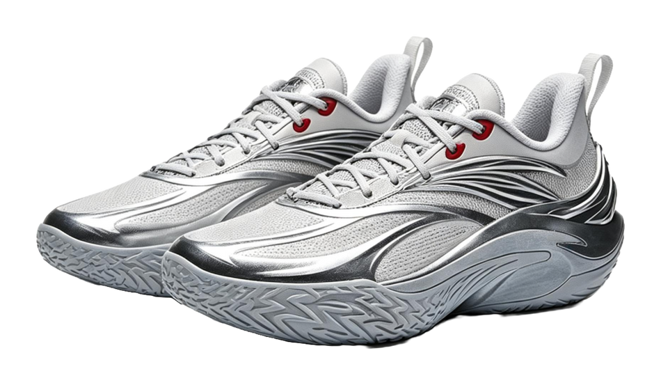 Pair of Anta silver basketball sneakers with lace-up front and molded textured outsole