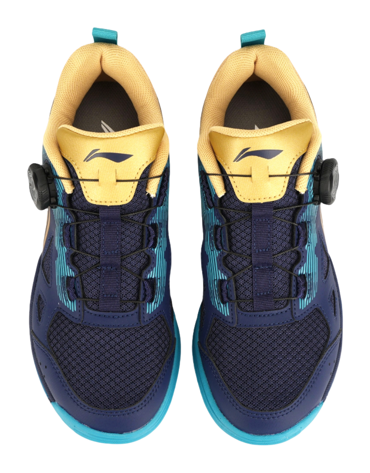 Table tennis shoe pair showing tongue and heel in dark blue with gold and teal accents