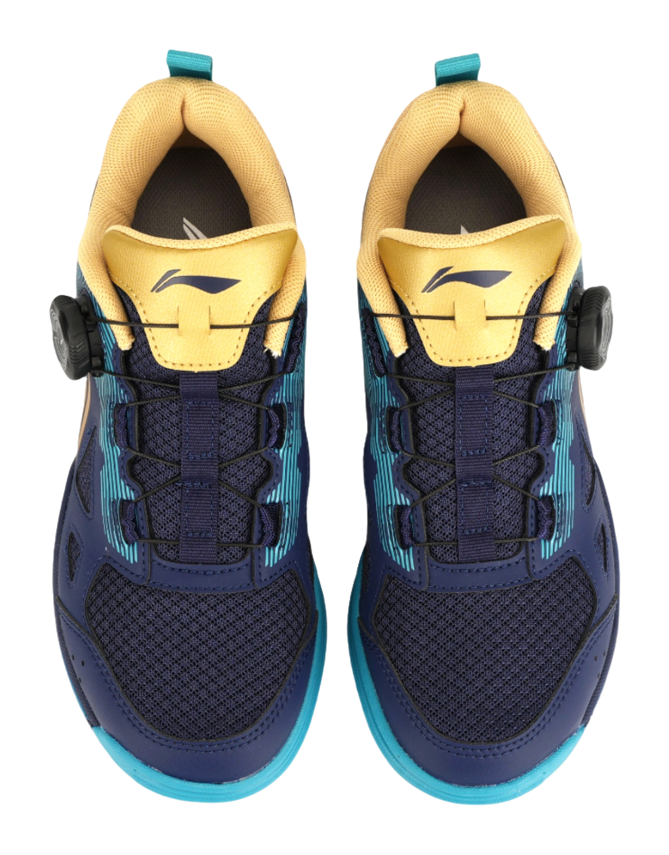Table tennis shoe pair showing tongue and heel in dark blue with gold and teal accents