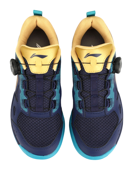 Table tennis shoe pair showing tongue and heel in dark blue with gold and teal accents