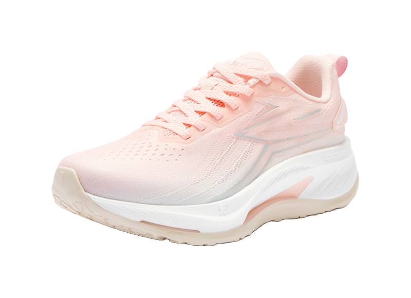 Women's low-top running shoes, pink and white, lace-up with logo overlays and mesh