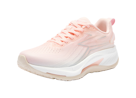 Women's low-top running shoes, pink and white, lace-up with logo overlays and mesh