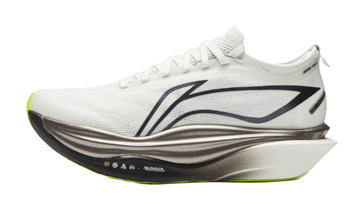 Low-top lace-up running shoe with light gray mesh upper and sculpted cushioned sole