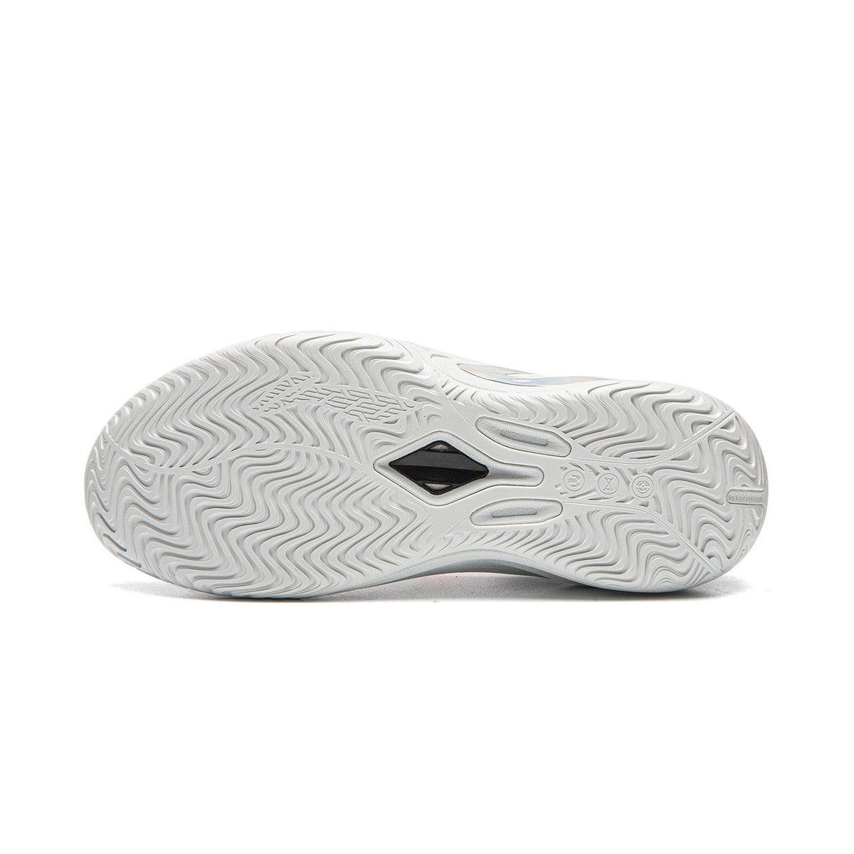 White basketball shoe outsole with textured herringbone tread pattern