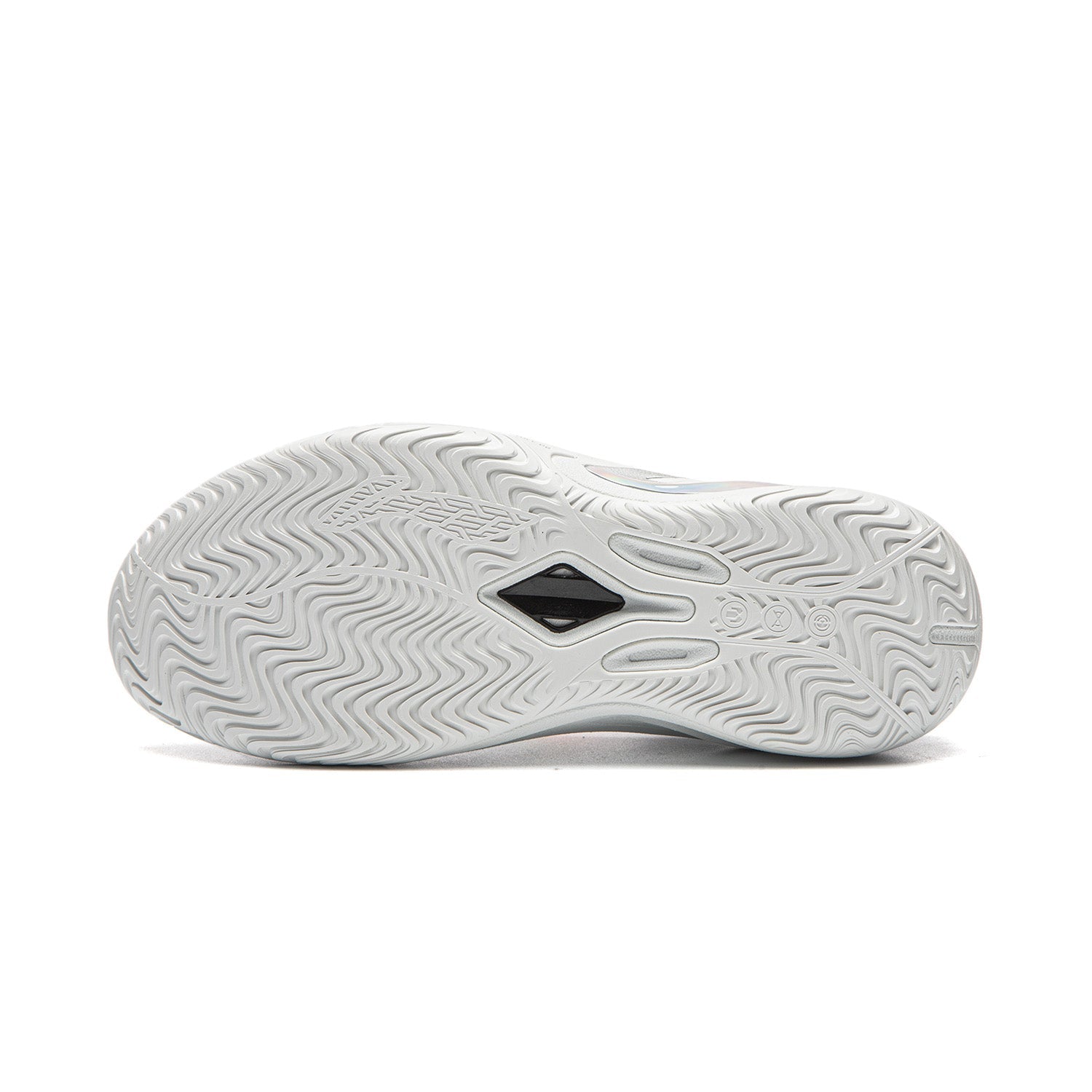 White basketball shoe outsole with textured herringbone tread pattern