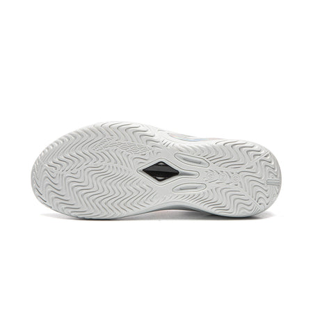White basketball shoe outsole with textured herringbone tread pattern