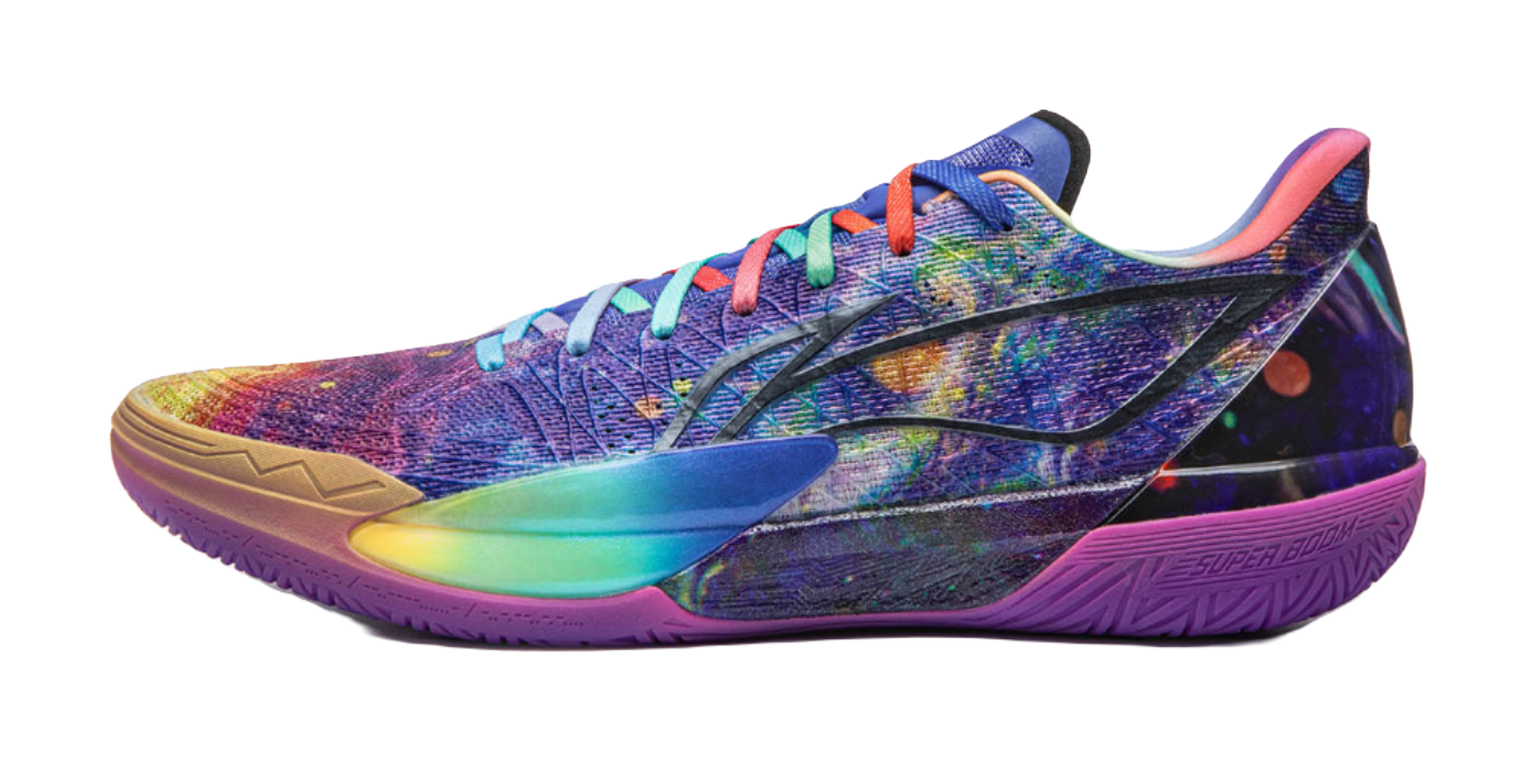 Multicolor basketball shoe with blue laces, side graphic and neon sole