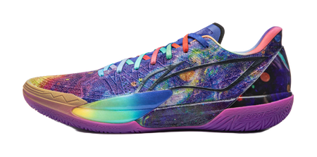 Multicolor basketball shoe with blue laces, side graphic and neon sole