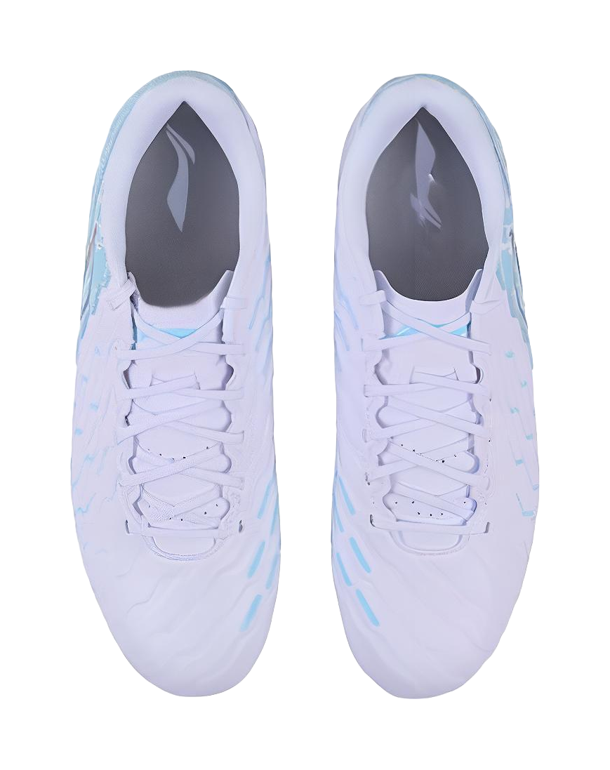 Pair of men's soccer cleats, white uppers with light-blue accent stripes