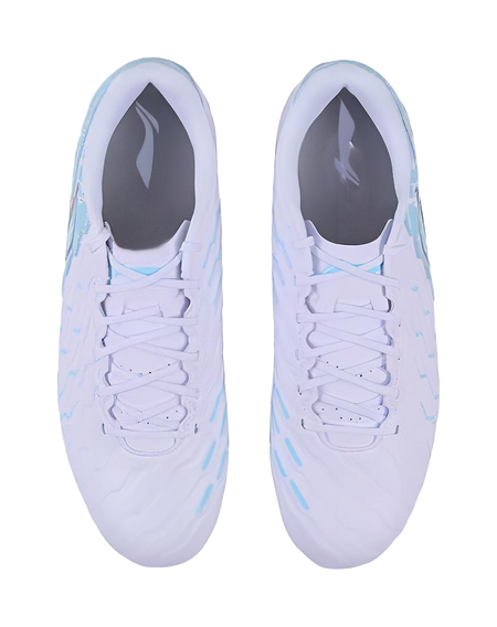 Pair of men's soccer cleats, white uppers with light-blue accent stripes