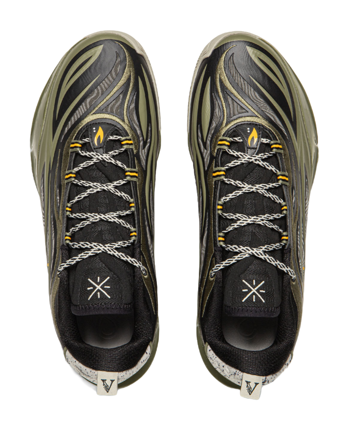 Pair of basketball shoes showing black laces and olive-green toe panels