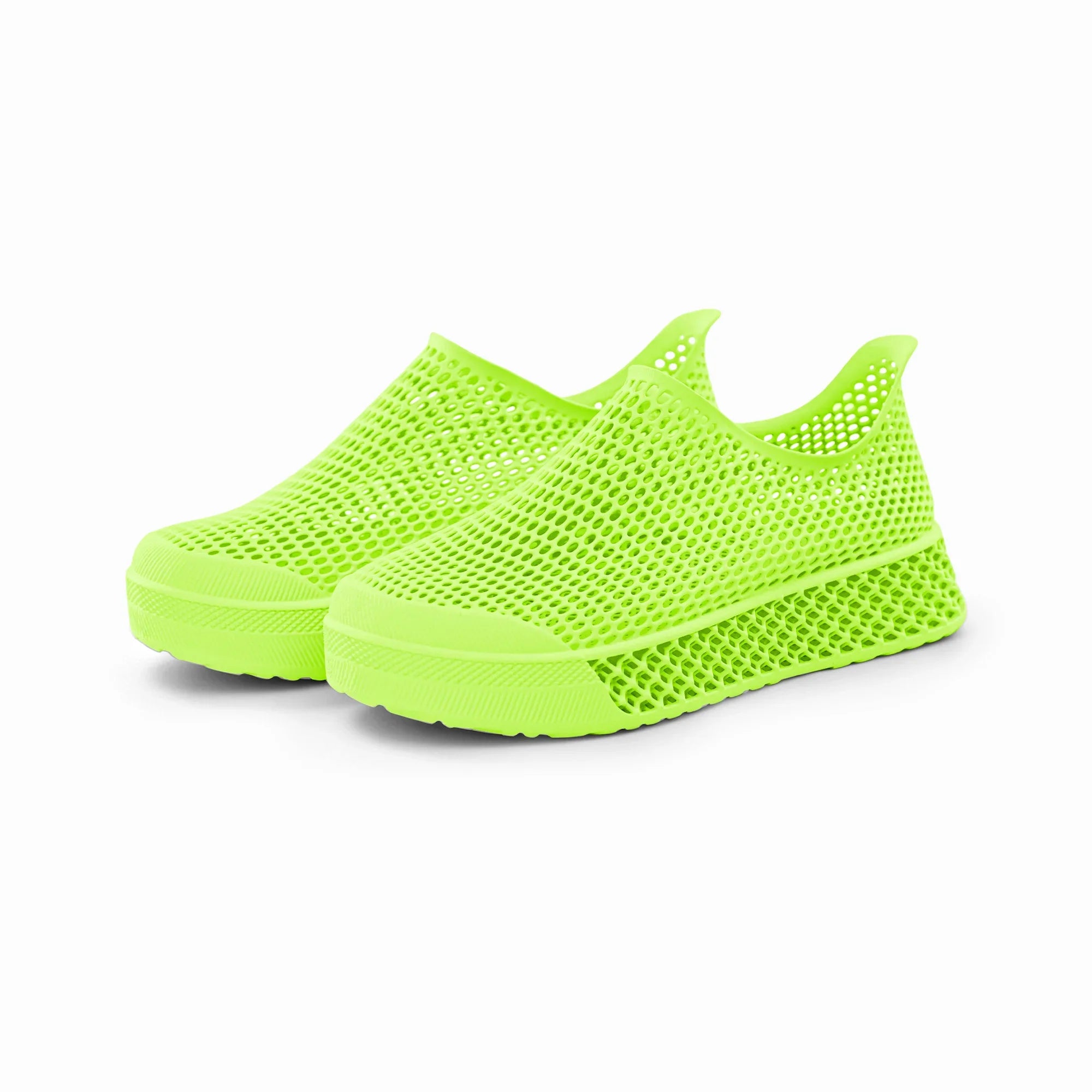 3D-printed casual sneakers, neon green mesh slip-on with low profile sole