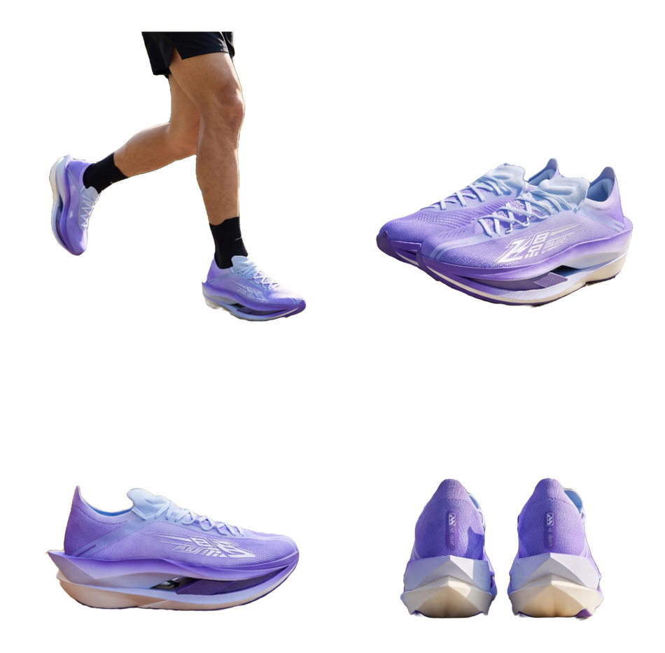 Pair of low-top lace-up sneakers in purple and light blue with cushioned midsole.
