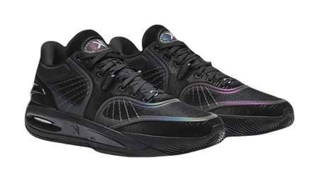 Black basketball shoes with lace-up uppers, purple trim details, and heel air-cushion unit