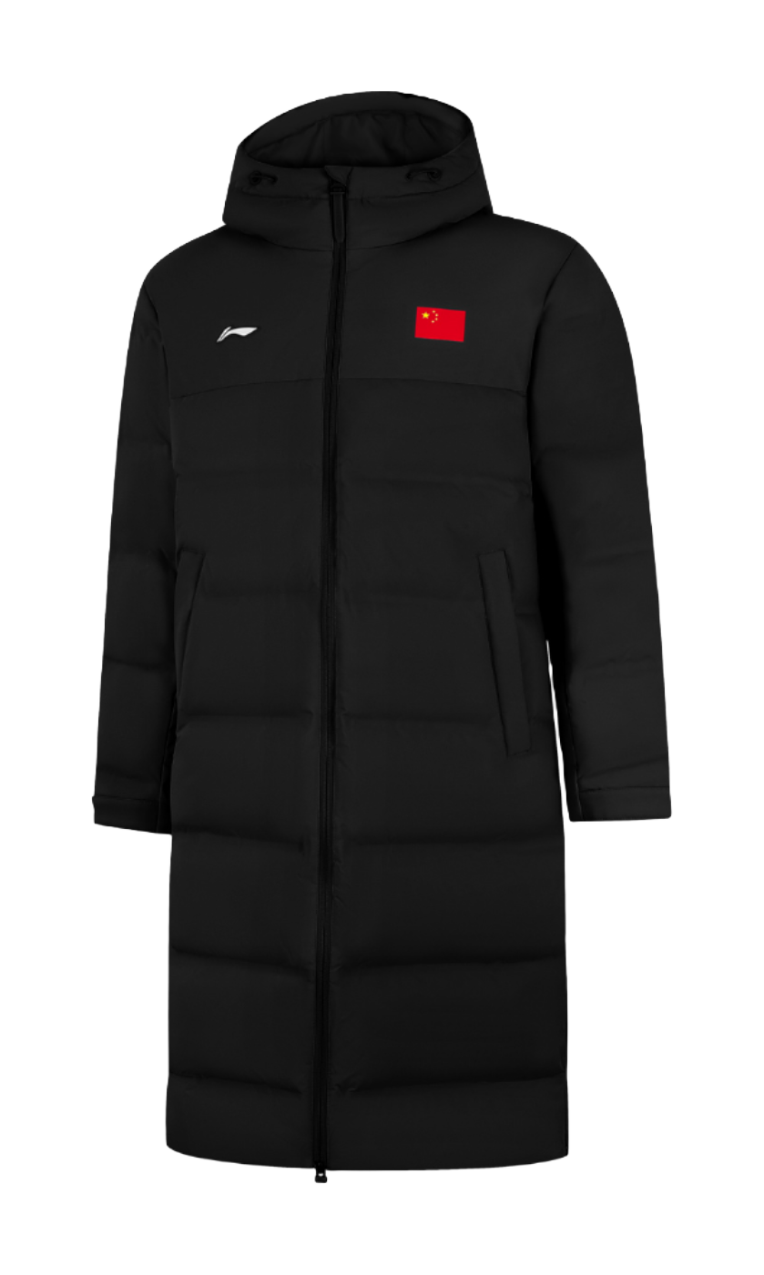 Li-Ning black hooded down coat, front zip, red chest logo patch