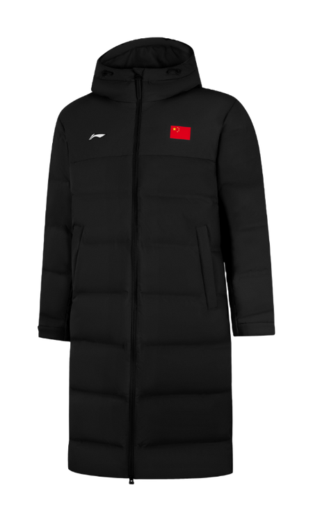 Li-Ning black hooded down coat, front zip, red chest logo patch
