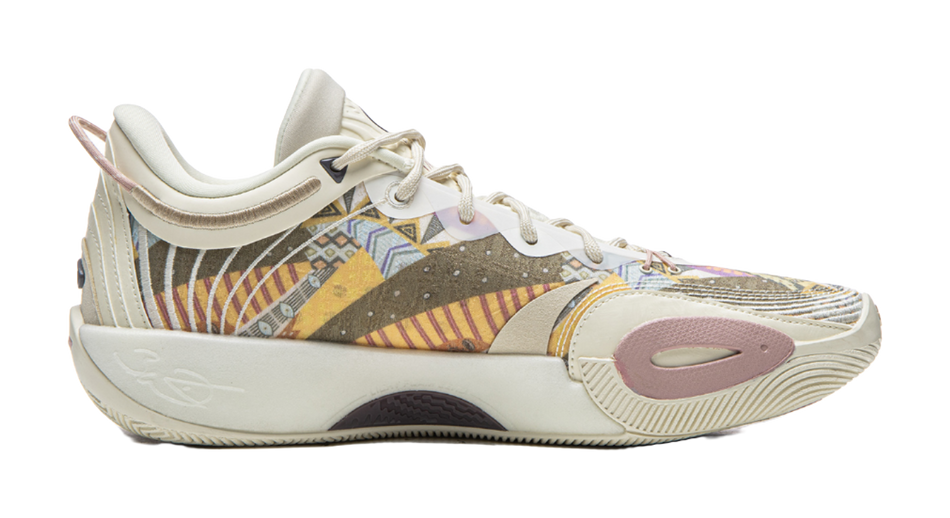 Ecru low-top basketball shoe with multicolor side panels and textured sole