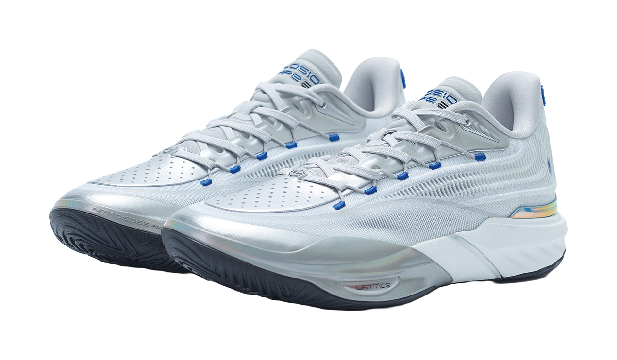 Silver basketball shoe pair, side view with blue lace accents and textured midsole