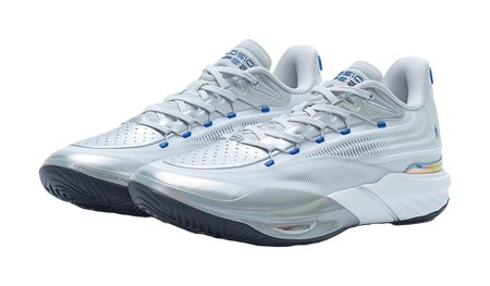 Silver basketball shoe pair, side view with blue lace accents and textured midsole