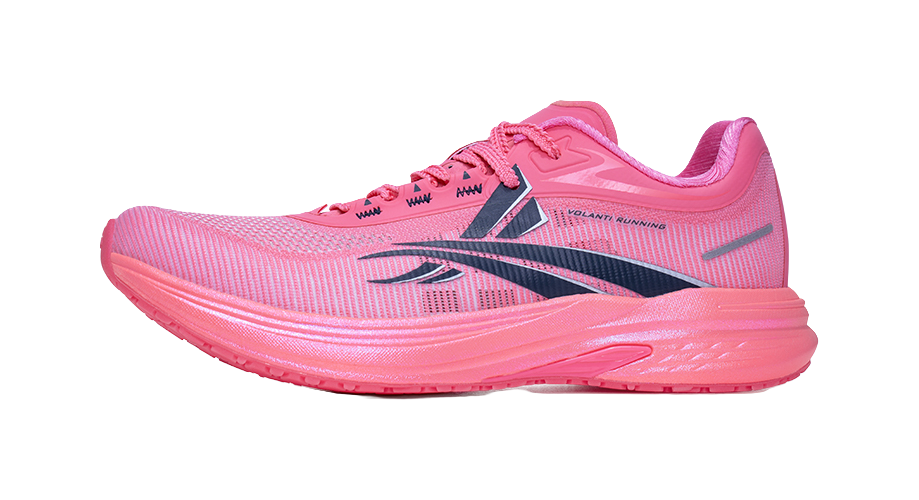 Unisex running shoe in pink with black side stripe and lace-up closure