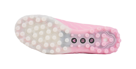 Turf soccer shoe outsole, pinkish dotted studs and cushioned traction base
