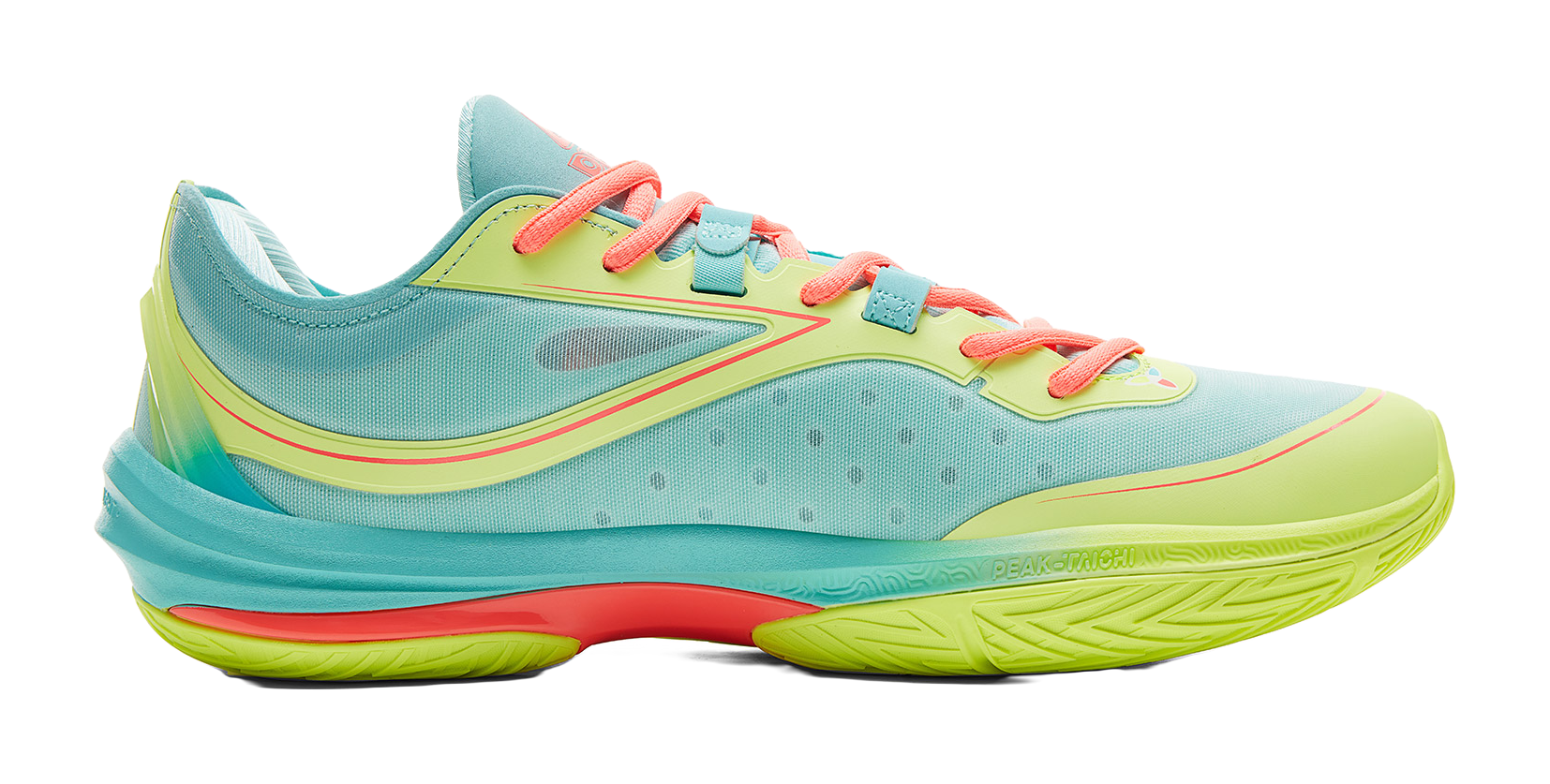 Lightweight basketball shoe side profile, ice blue upper with coral laces and neon green sole