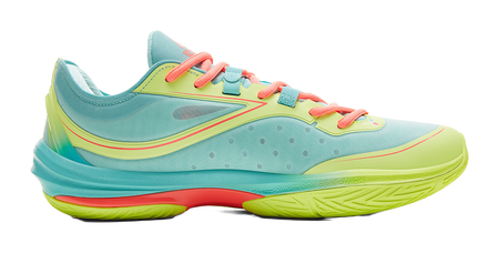Lightweight basketball shoe side profile, ice blue upper with coral laces and neon green sole