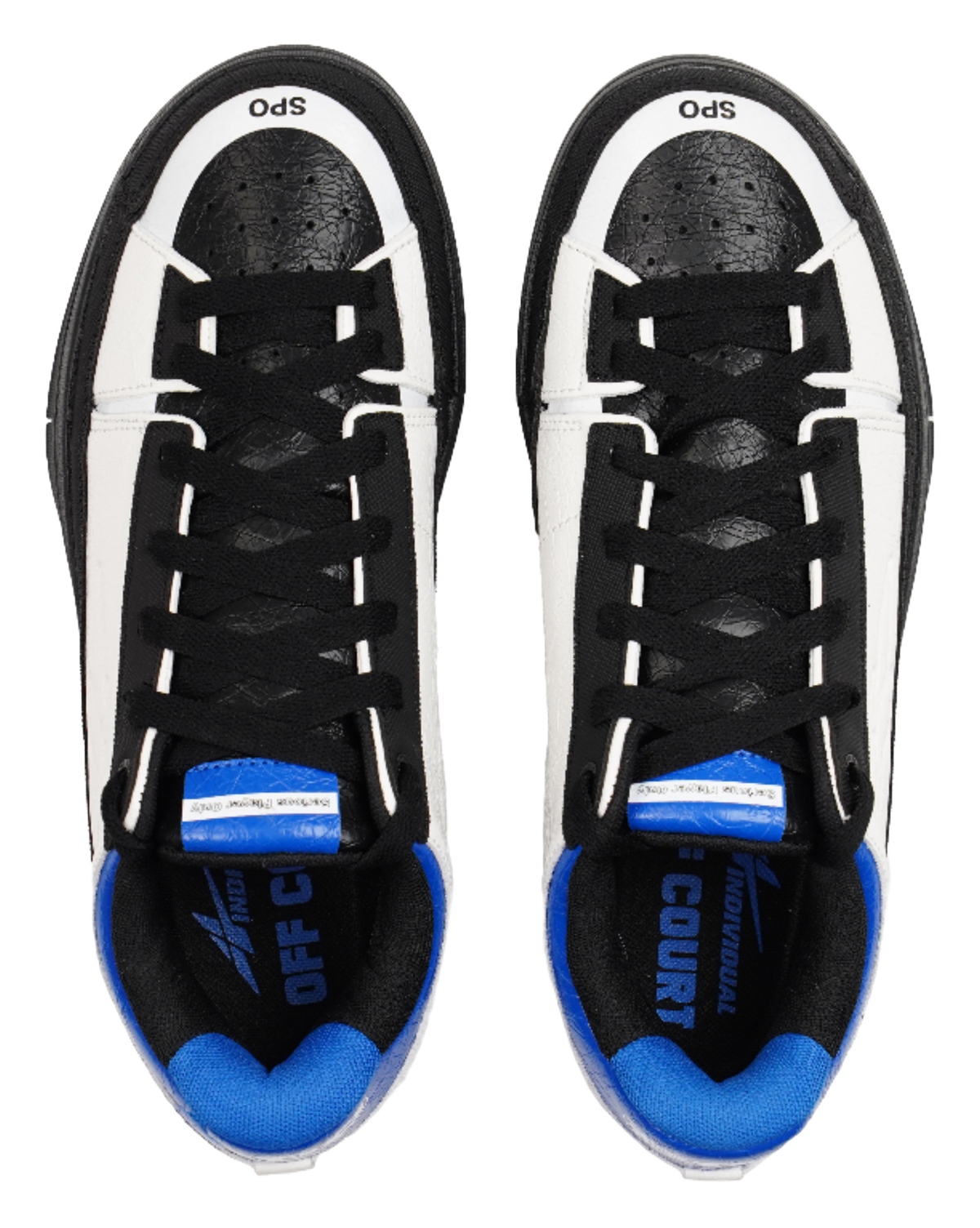 Unisex basketball shoe tops with black lace-up uppers, white toe panels, blue interior accents.