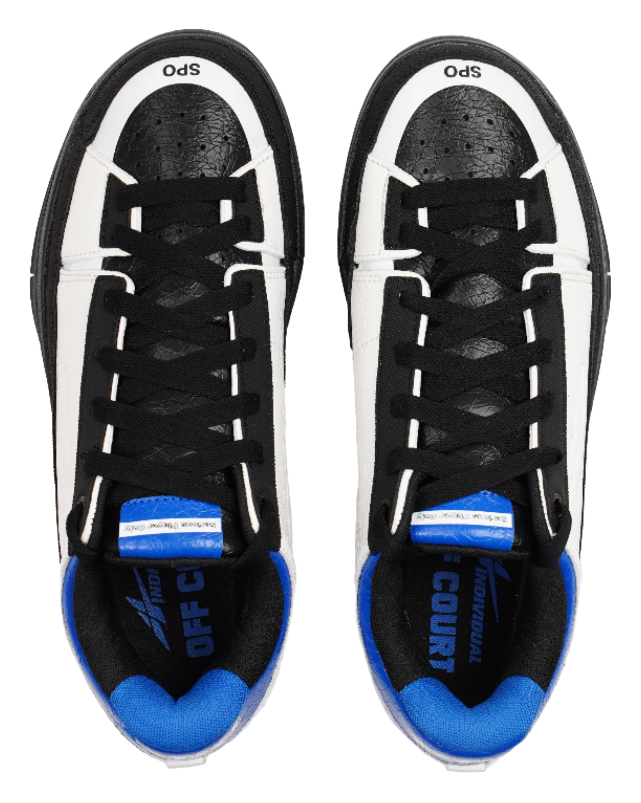 Unisex basketball shoe tops with black lace-up uppers, white toe panels, blue interior accents.