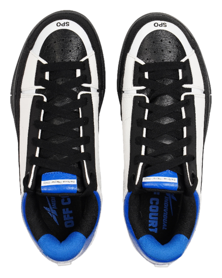 Unisex basketball shoe tops with black lace-up uppers, white toe panels, blue interior accents.