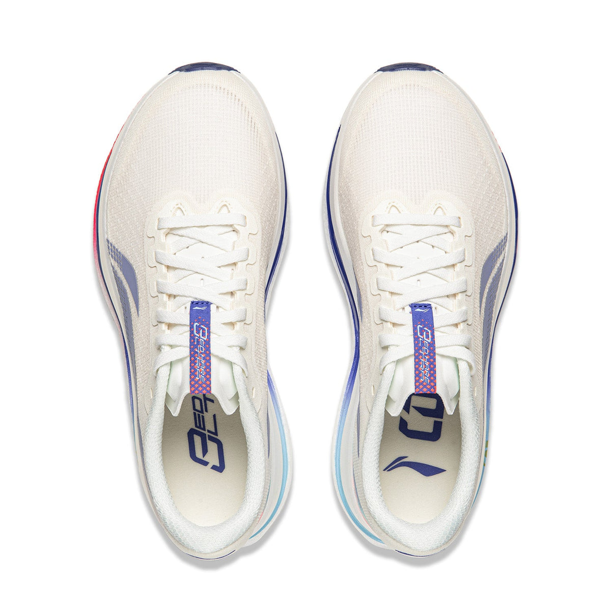 Pair of women’s champagne white lace-up running shoes with blue logo on the tongue