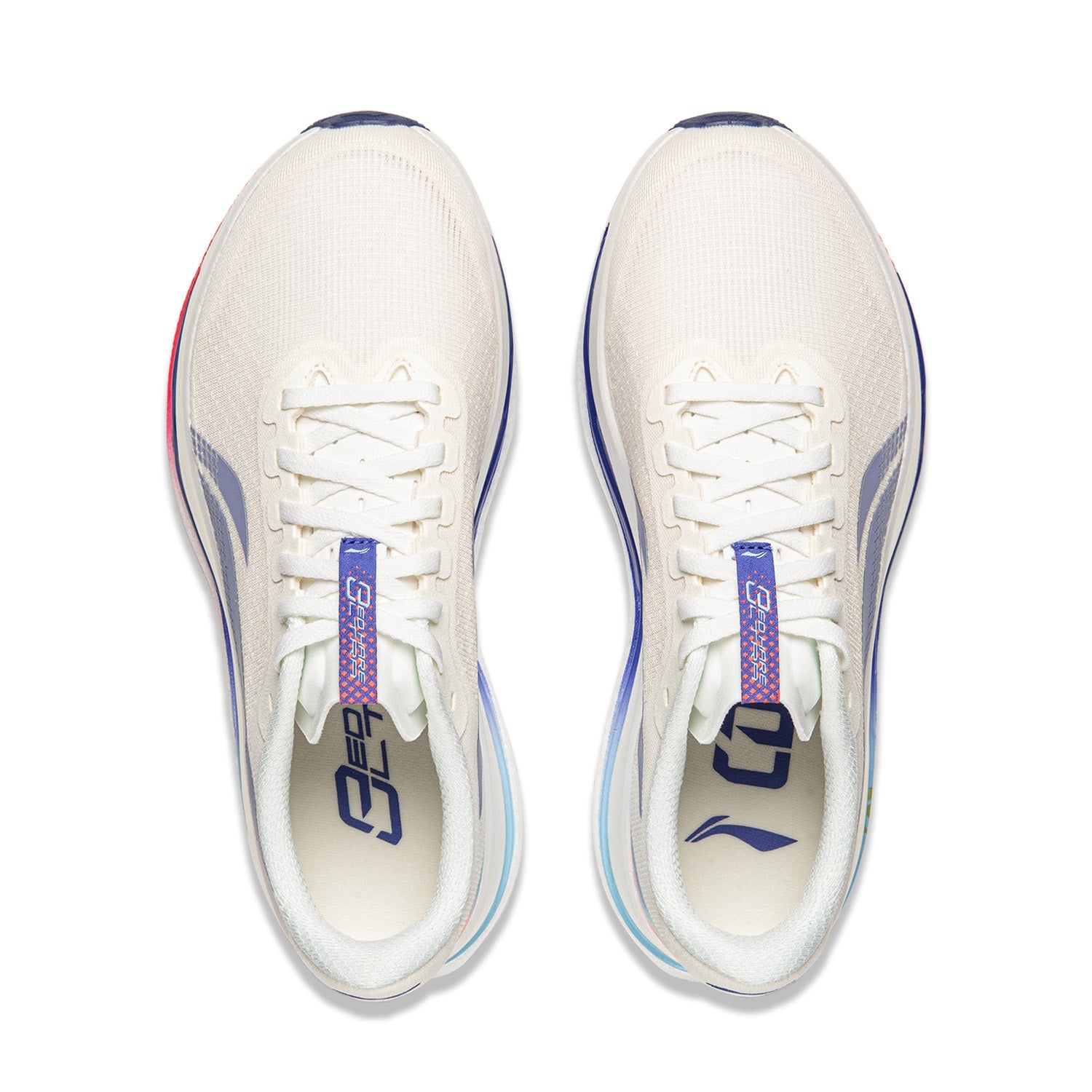 Pair of women’s champagne white lace-up running shoes with blue logo on the tongue