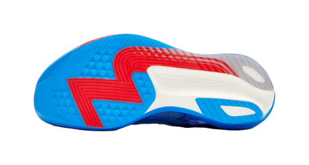 Sole of unisex low running shoe, blue tread with white logo and red sidewall