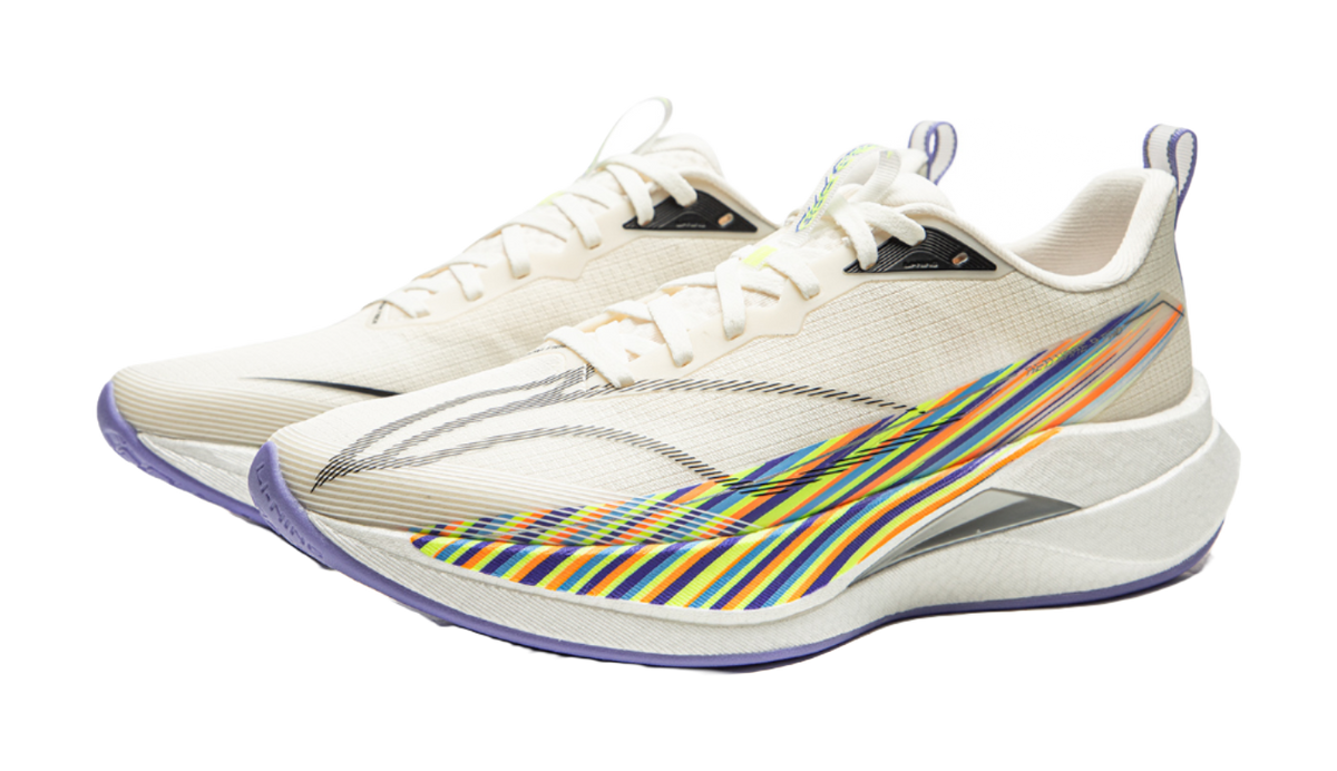 White running shoe pair with multicolor diagonal stripe and blue heel accent