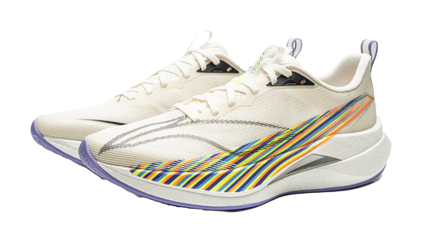 White running shoe pair with multicolor diagonal stripe and blue heel accent