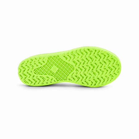 Green sneaker outsole with zigzag tread pattern and 3D printed texture