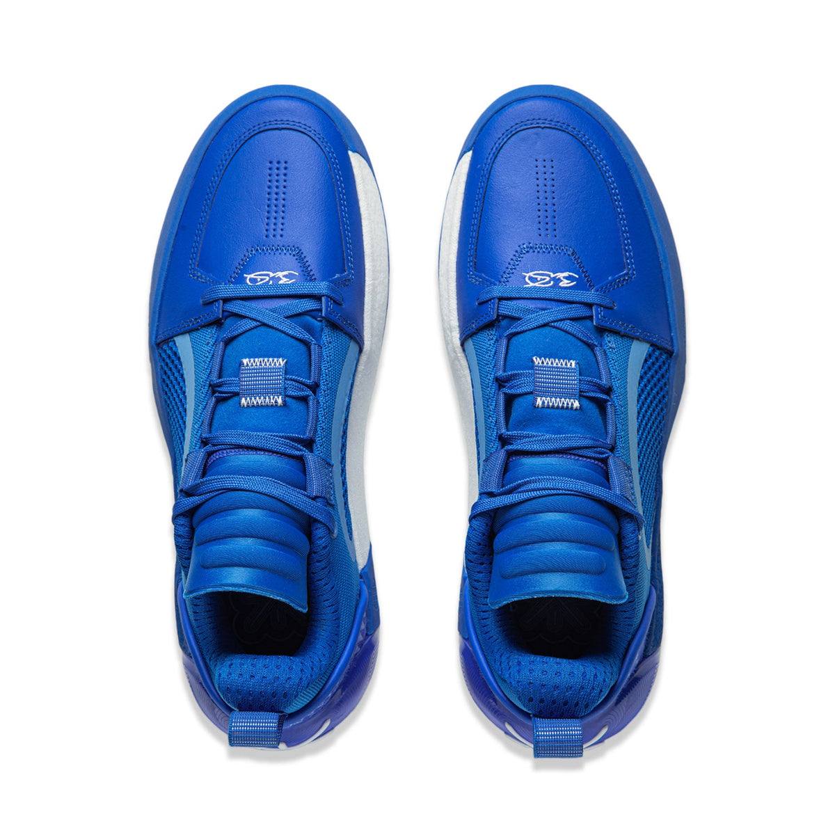 Men's basketball shoe bright blue; front view with laces, perforations, and padded tongue
