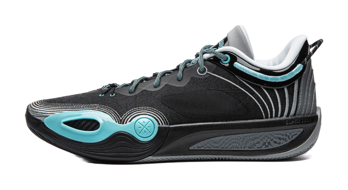 Black basketball shoe with teal accents, lace-up, and side stripe