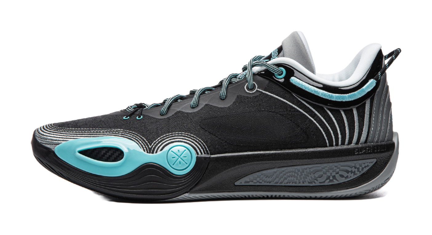 Black basketball shoe with teal accents, lace-up, and side stripe