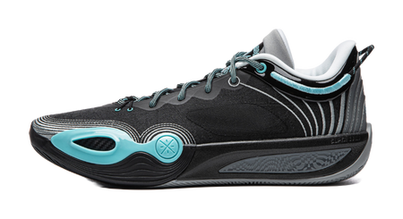 Black basketball shoe with teal accents, lace-up, and side stripe