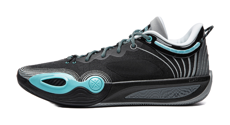 Black basketball shoe with teal accents, lace-up, and side stripe