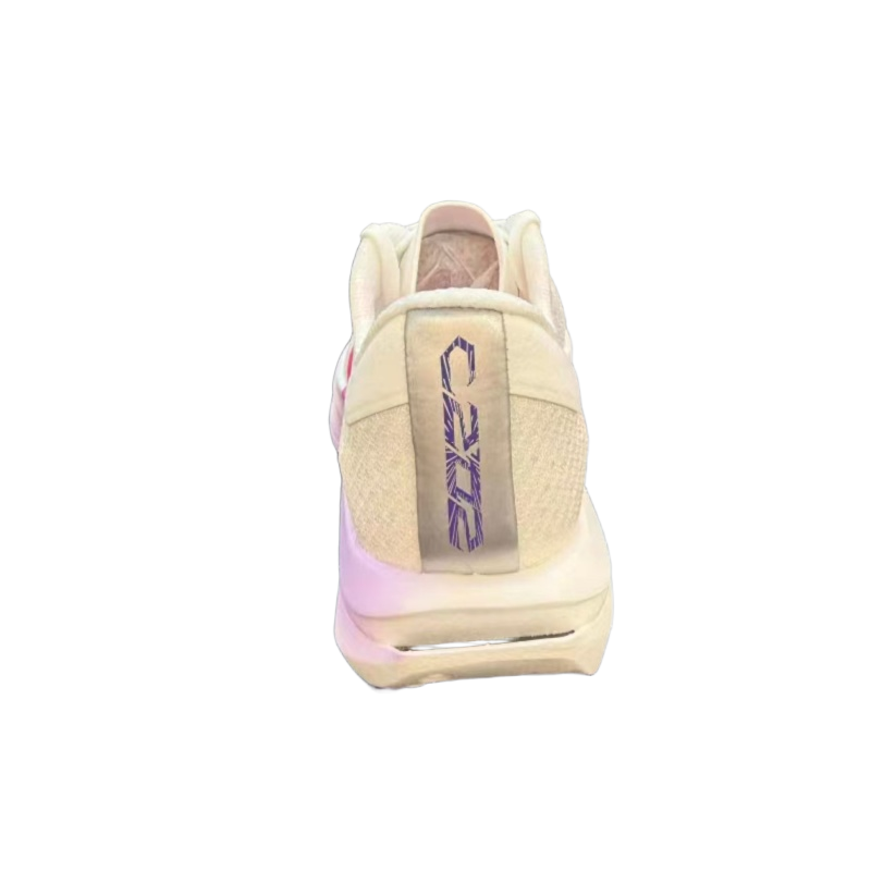 Women's running shoe heel view, light upper with purple logo and pink accents.