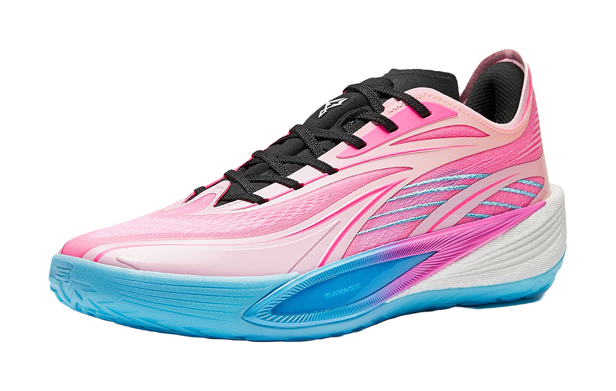 Pink running shoe with black lace-up front and blue edge midsole